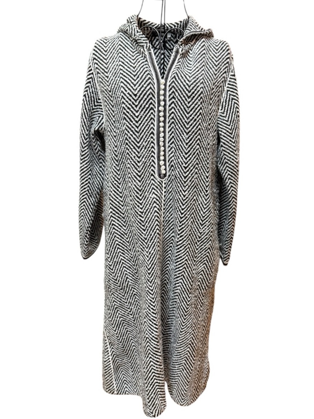 Herringbone Hooded Long Coatigan - Black & White